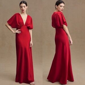 NWT BHLDN Leila Deep-V Flutter Sleeve Satin A-Line Gown in Cherry Red